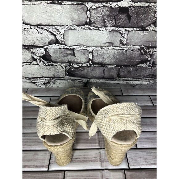 Saks Fifth Ave Ivory Fabric Sequin Ankle Lace Wedge Espadrilles Sandals Women 6M - Picture 11 of 16